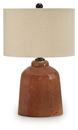 Side angle of Aaleahya rust table lamp with metal base