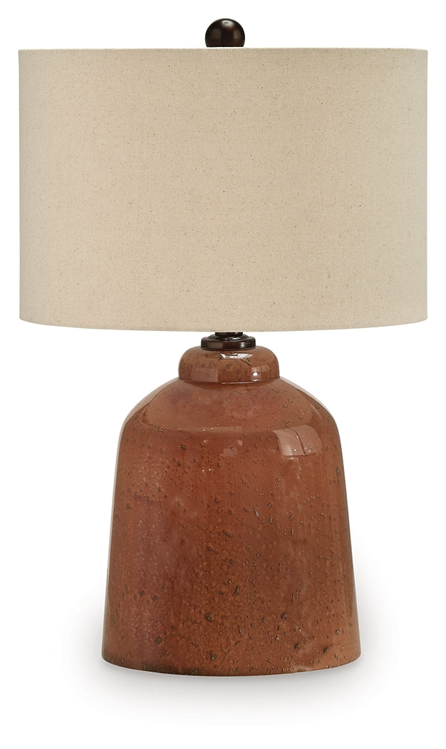Side angle of Aaleahya rust table lamp with metal base