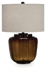 Side view of Bainmore amber table lamp showing drum fabric shade
