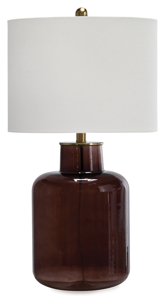 Side angle of Mette brown and gold finish table lamp with fabric drum shade