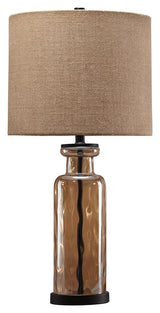 Side angle of Laurentia Champagne Table Lamp showing glass base and burlap shade