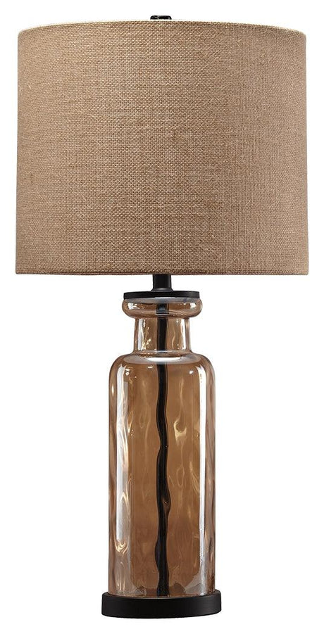 Side angle of Laurentia Champagne Table Lamp showing glass base and burlap shade