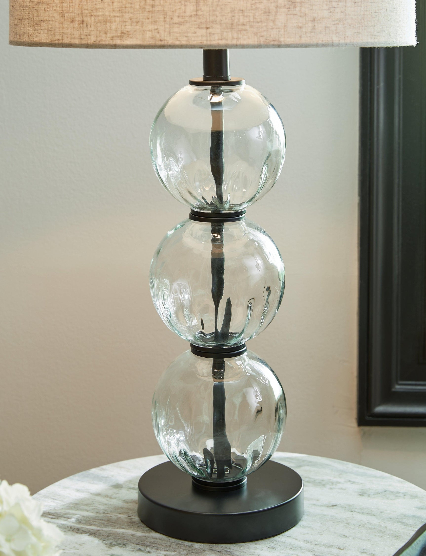 Detail of Airbal lamp clear stacked glass spheres