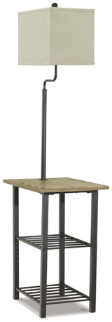 Side view of Shianne Black Floor Lamp showing tray and shelves