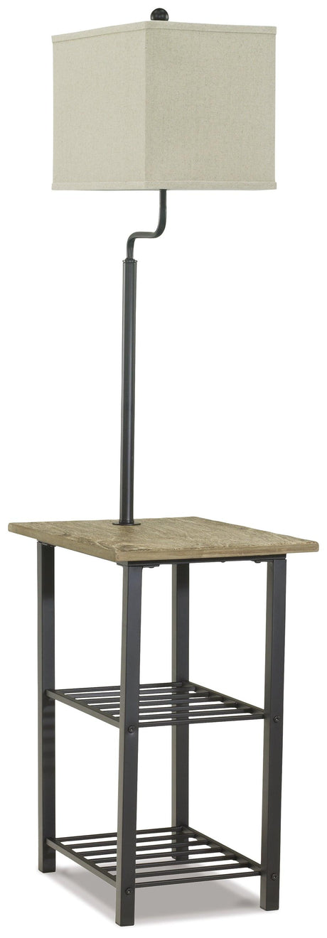 Side view of Shianne Black Floor Lamp showing tray and shelves