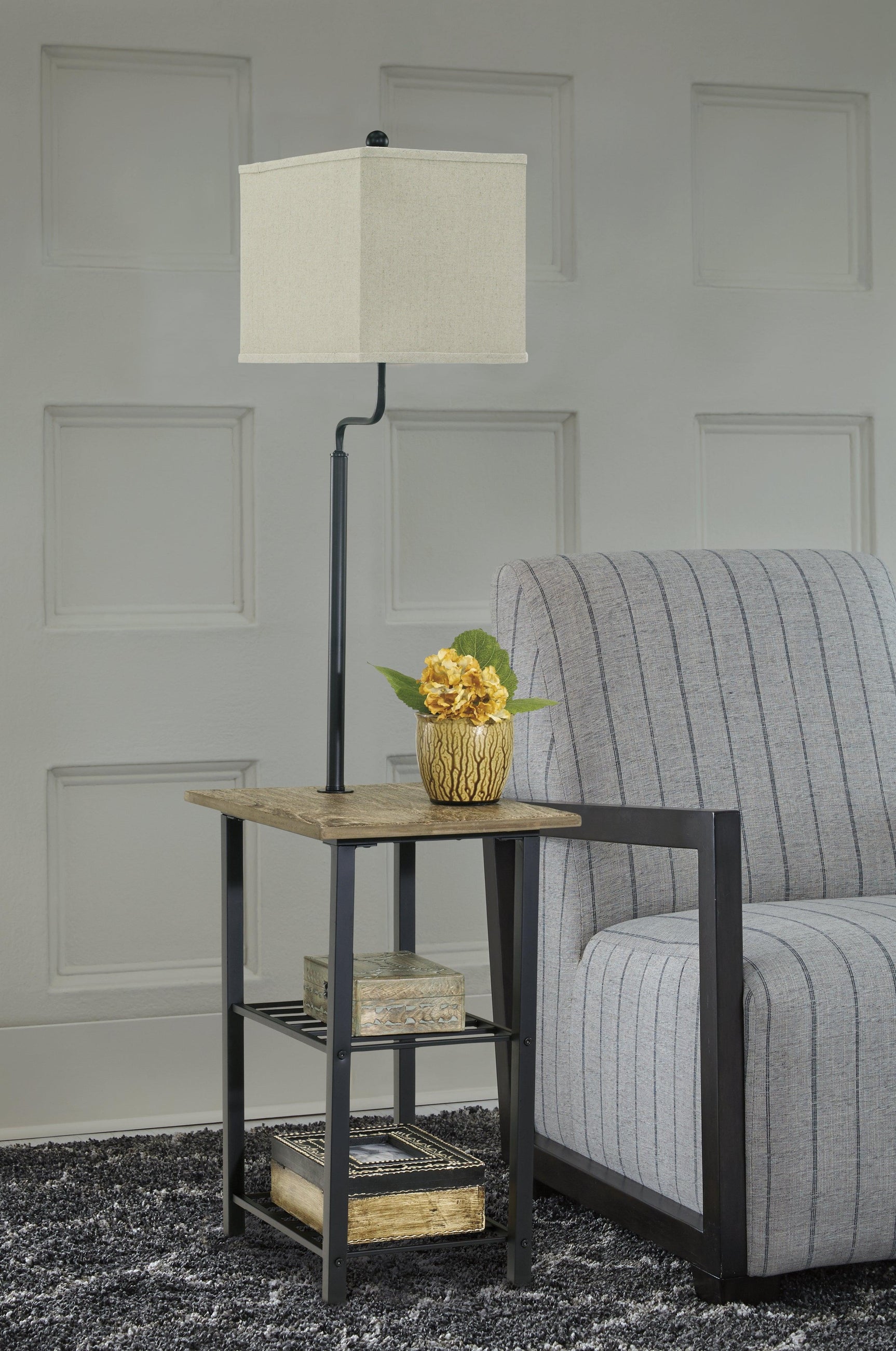 Close-up of Shianne Floor Lamp fabric shade and three-way switch