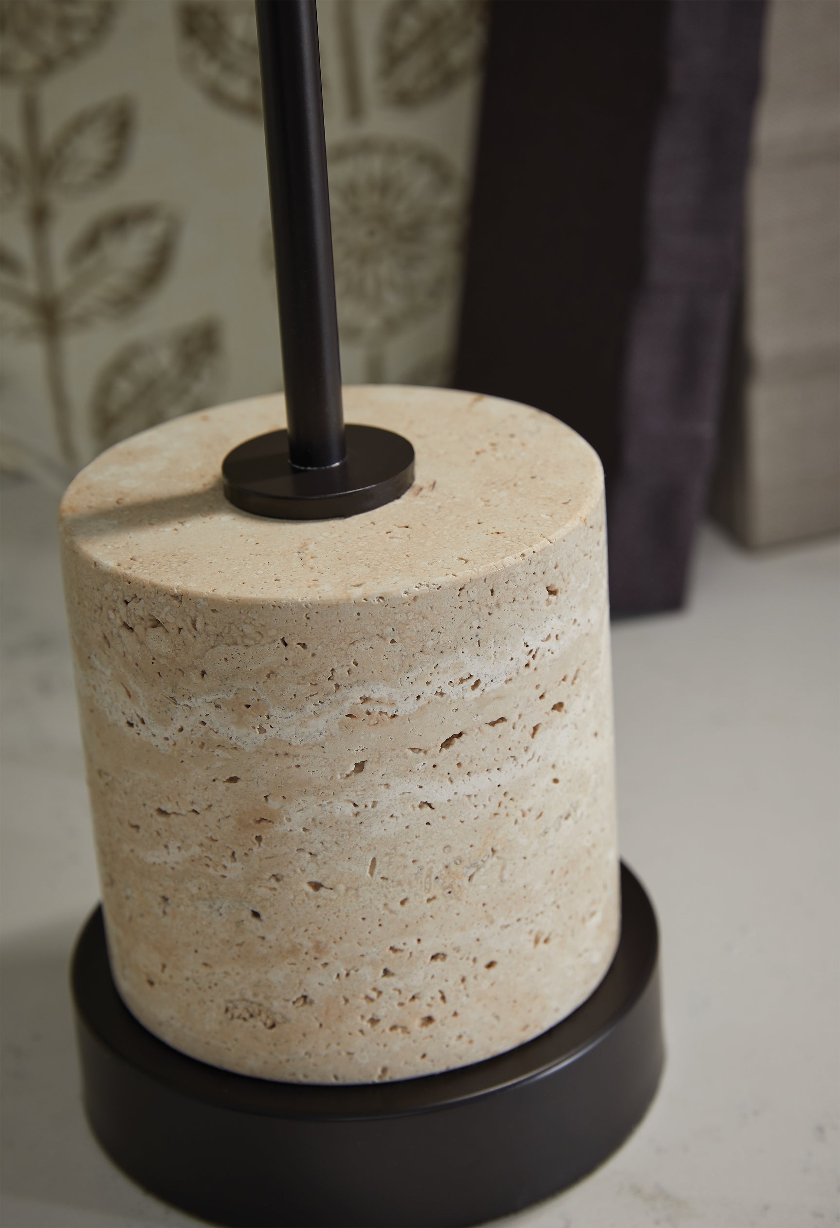 Close-up of Vinmour desk lamp USB-C charging port integrated into travertine base