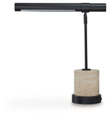 Side angle of Vinmour desk lamp highlighting thin profile and stone-like base