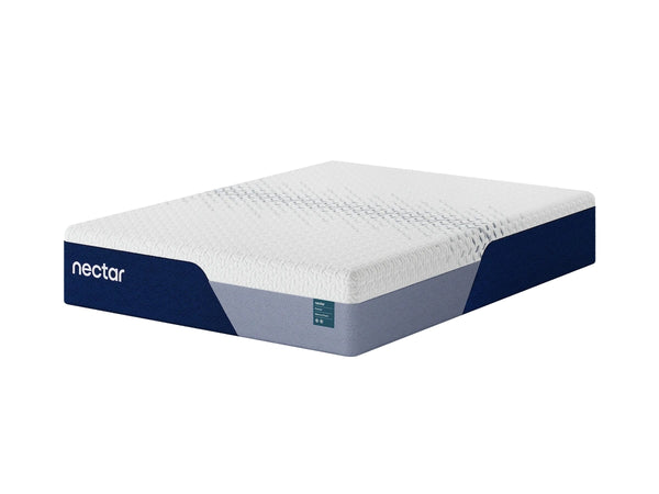 Nectar Premier Memory Foam 5.1 full mattress with white cooling cover, side angle