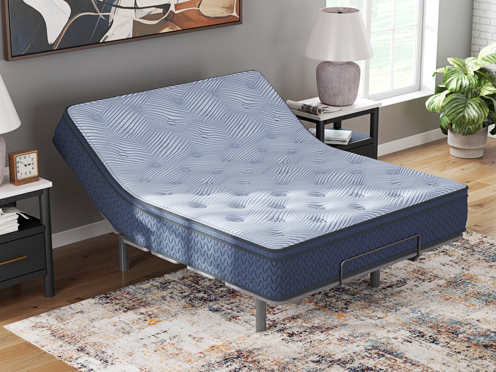Fully expanded mattress on bed frame
