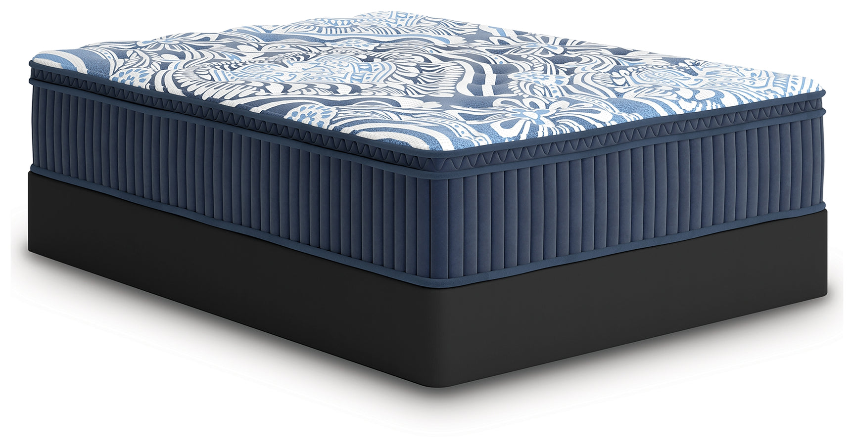 Mattress angle highlighting blue fabric upholstery