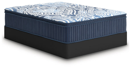 Mattress angle highlighting blue fabric upholstery