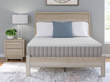 Hand pressing mattress top to show firmness