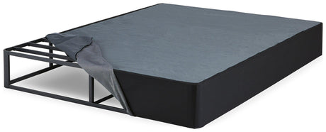 Detail of removable fabric cover on Ashley Black King Metal Bed Foundation