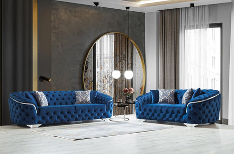 Front view of Scarlett blue velvet sofa