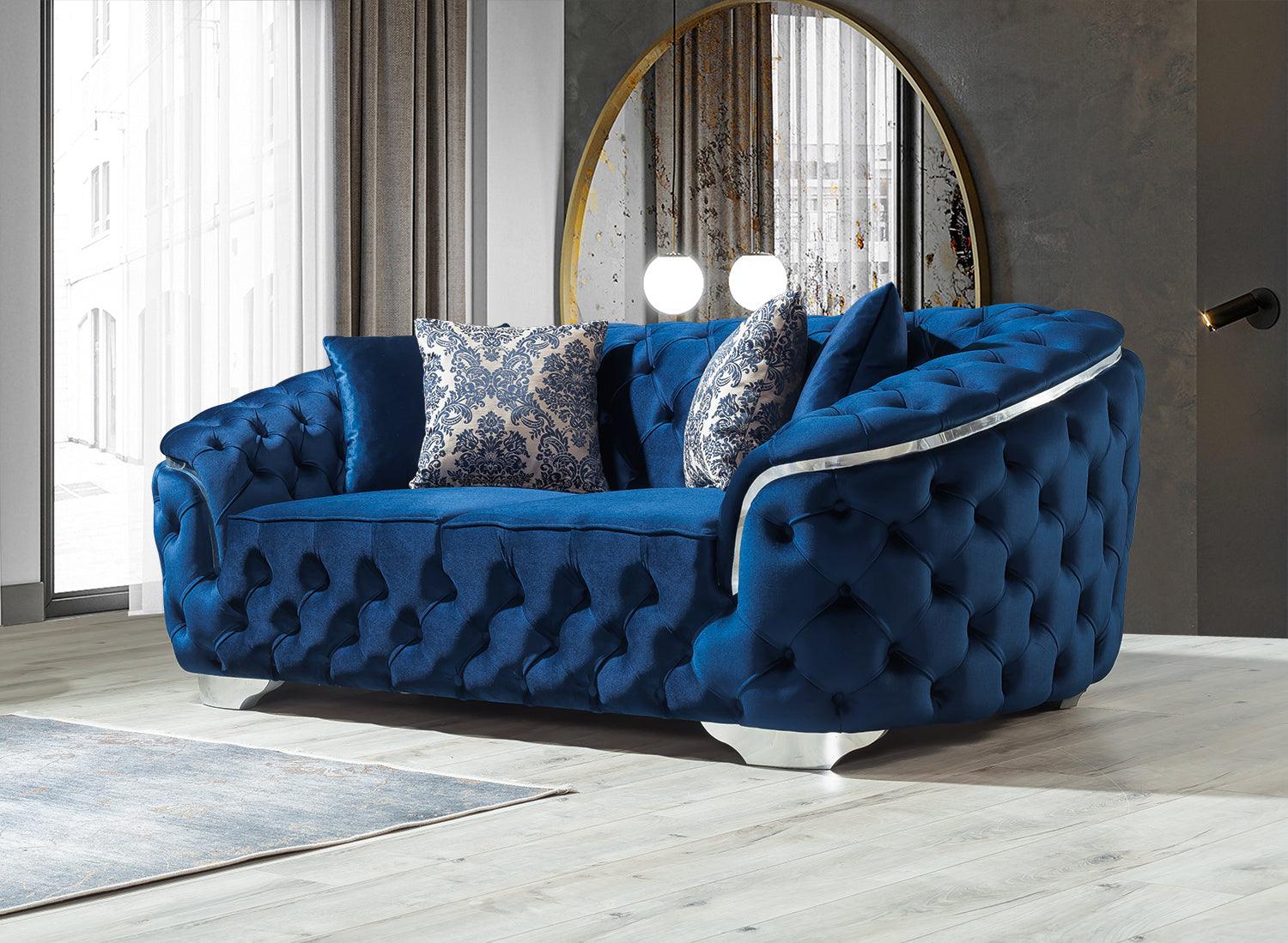 Side view of Scarlett blue velvet sofa