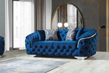 Side view of Scarlett blue velvet loveseat