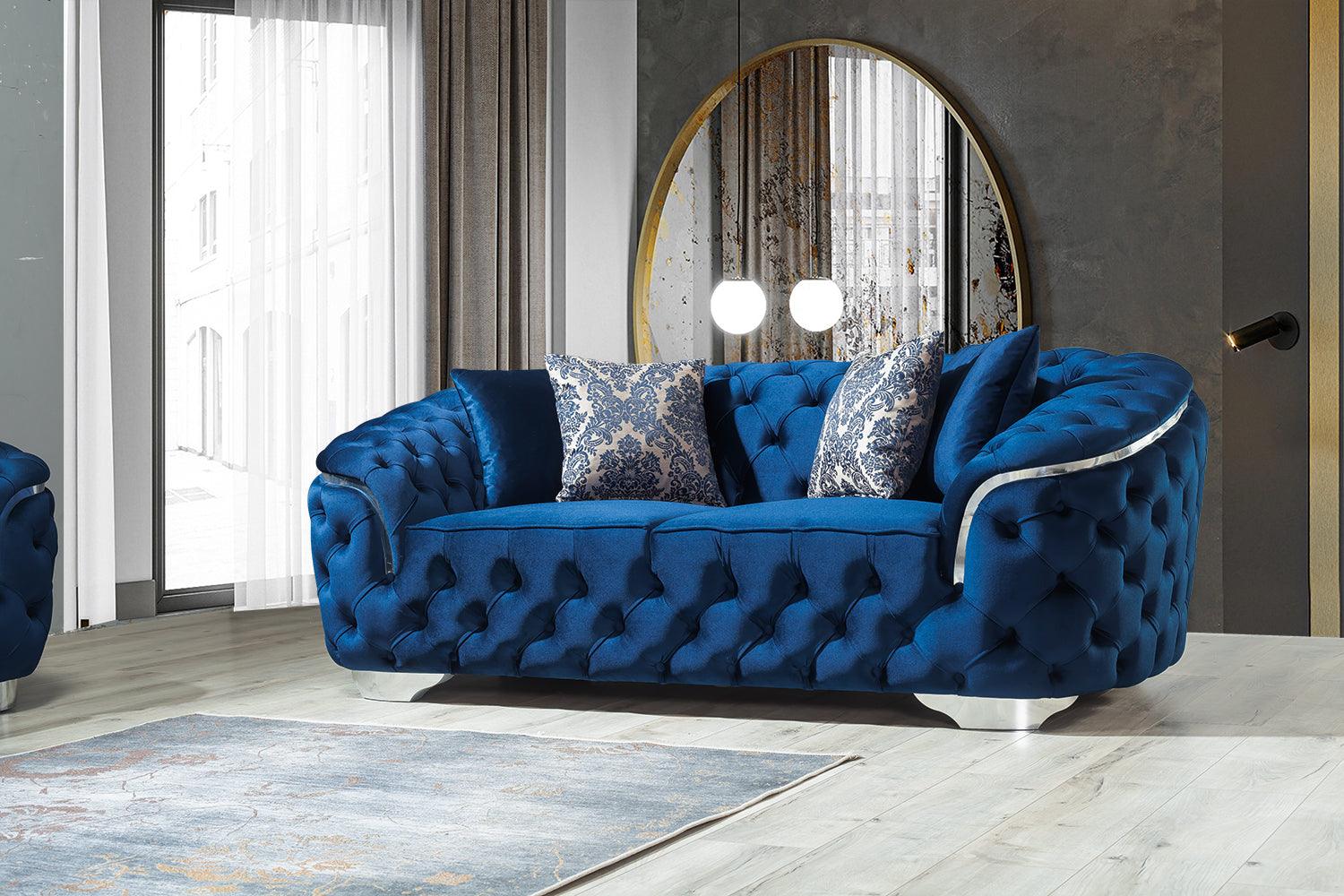 Side view of Scarlett blue velvet loveseat