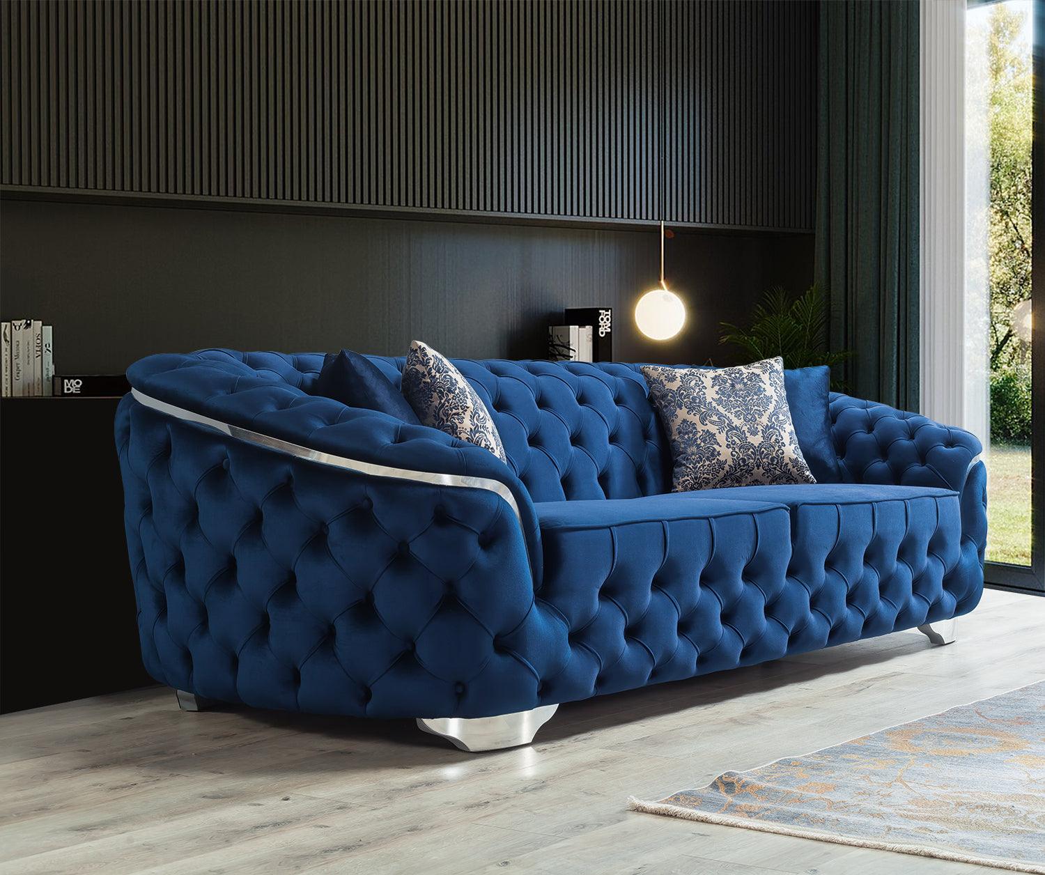 Detailed view of velvet fabric texture on sofa and loveseat