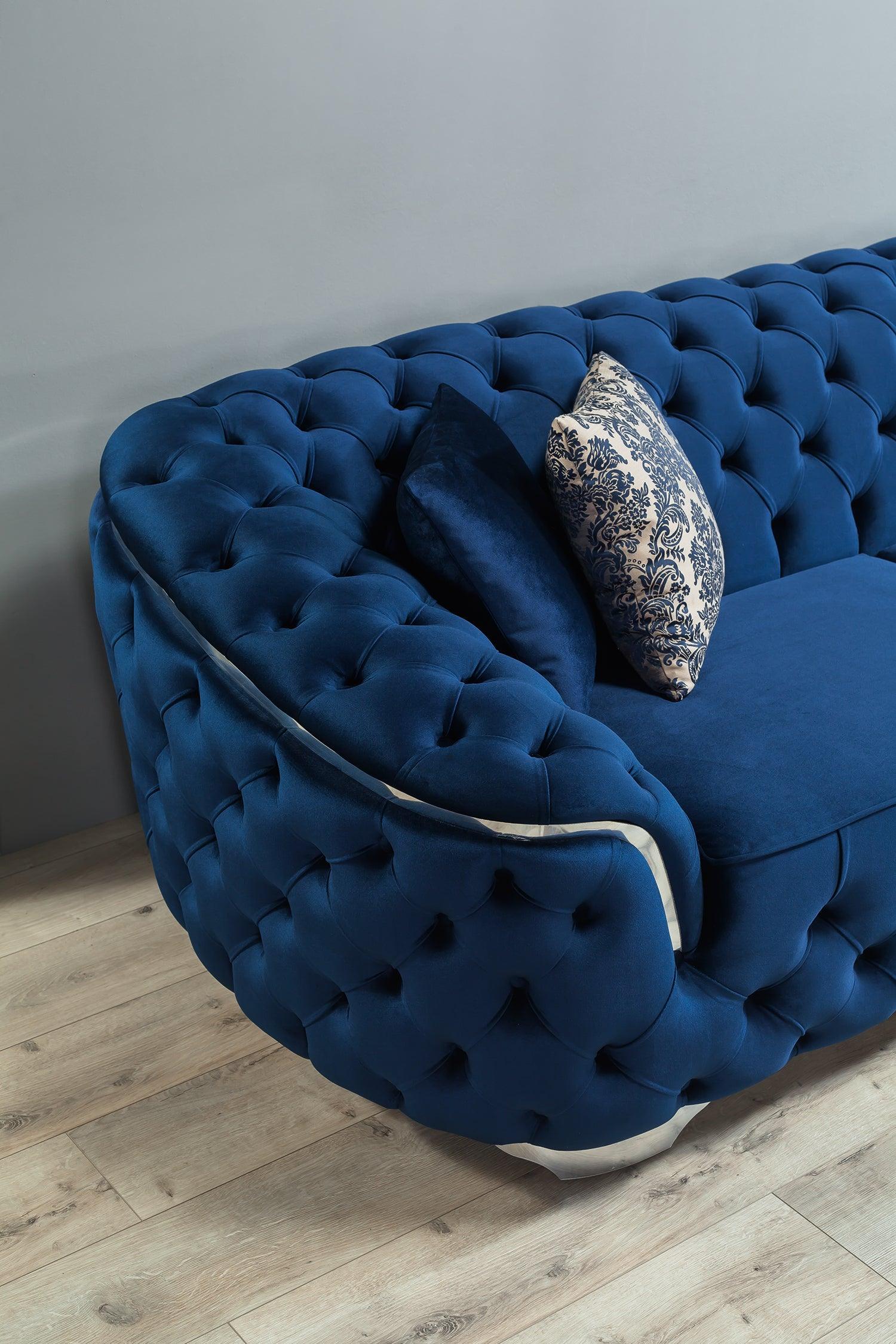 Scarlett blue velvet sofa and loveseat set in living room view