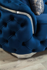 Scarlett blue velvet sofa and loveseat set in living room view