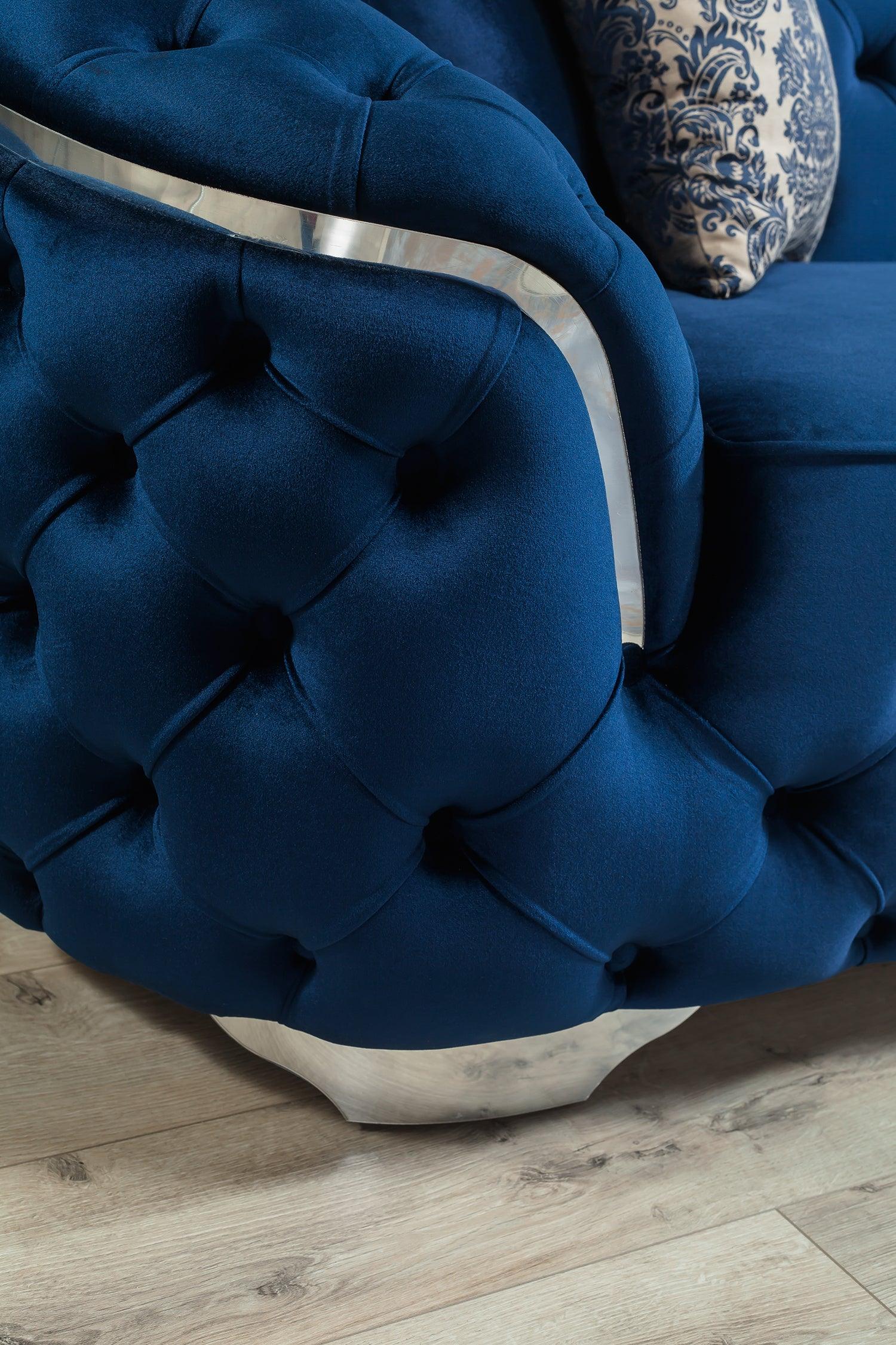 Scarlett blue velvet sofa and loveseat set in living room view