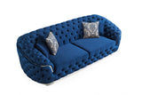 Scarlett blue velvet sofa and loveseat set in living room view