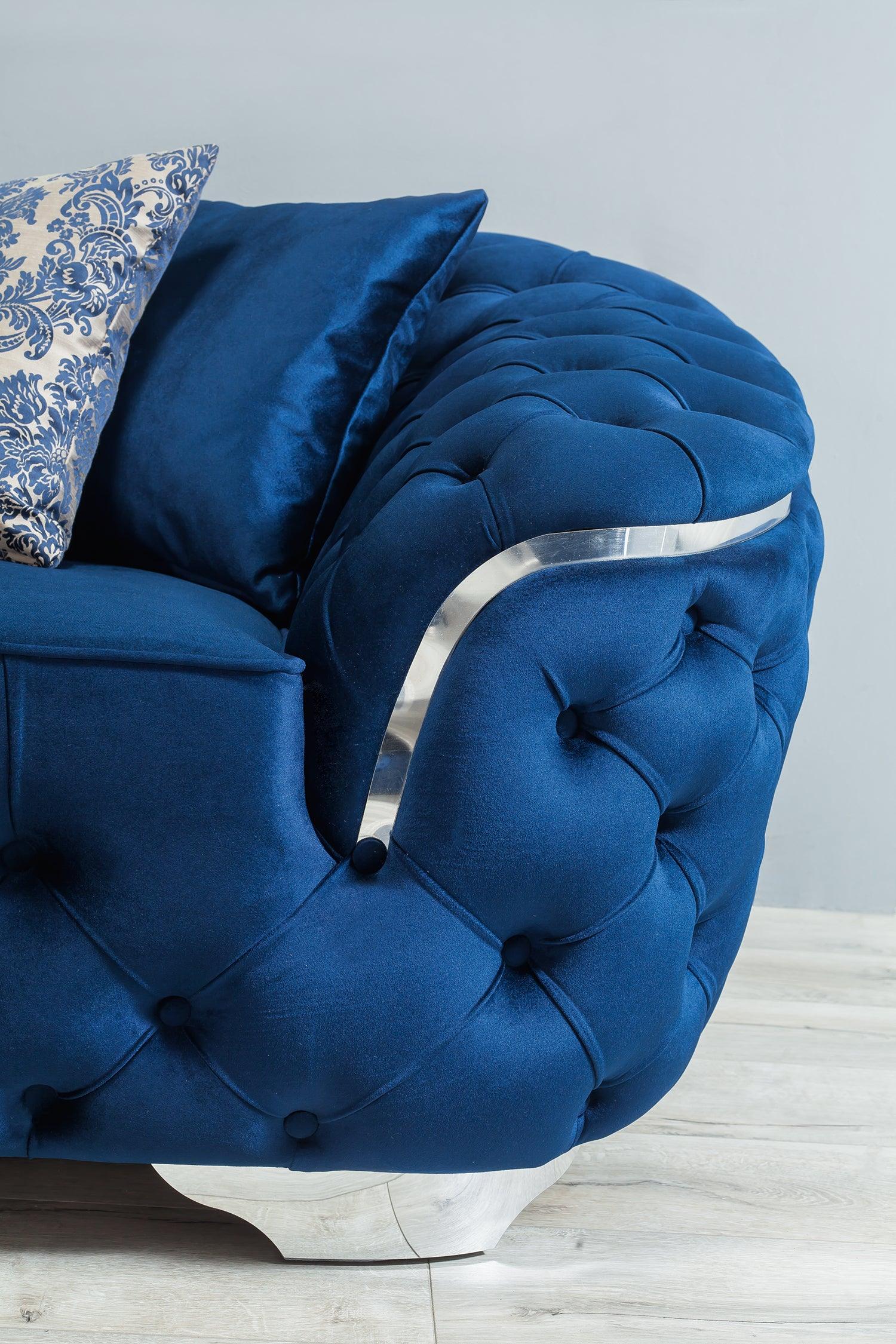 Scarlett blue velvet sofa and loveseat set in living room view