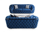Scarlett blue velvet sofa and loveseat set in living room view