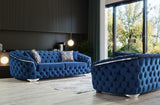 Scarlett blue velvet sofa and loveseat set in living room view