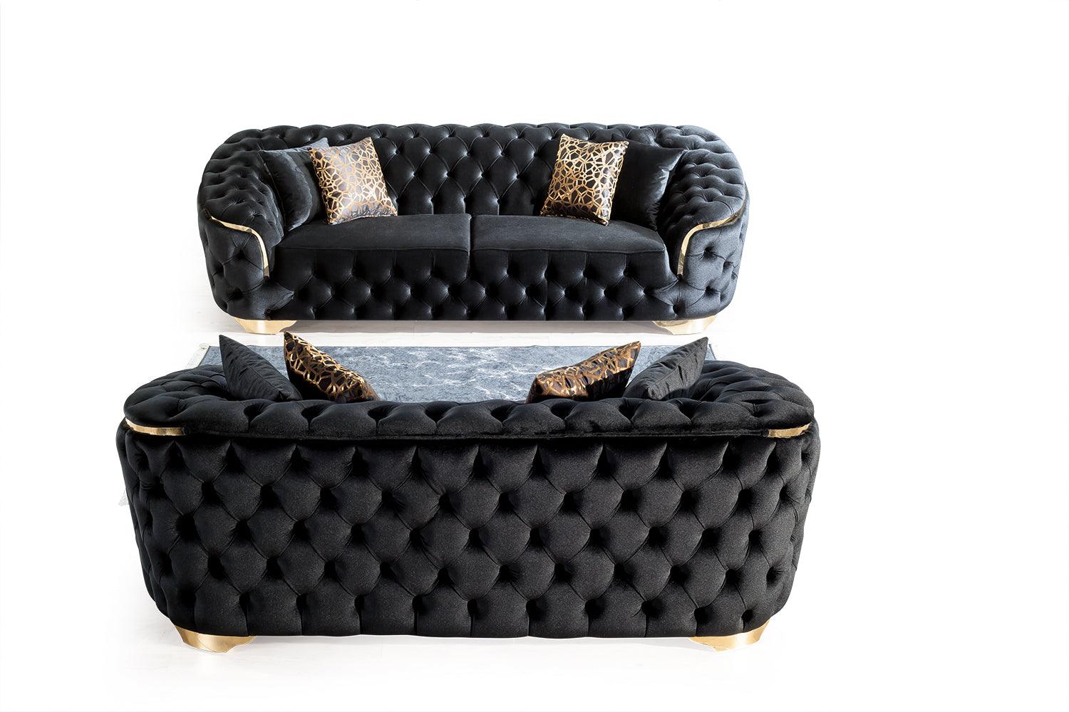 Scarlett Black Velvet Sofa and Loveseat set angled front view