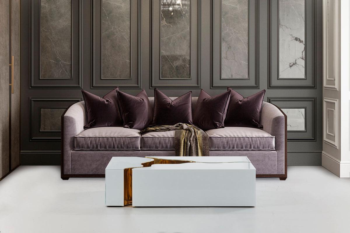 Leah 3-piece coffee table set close-up on glass and metal frame details