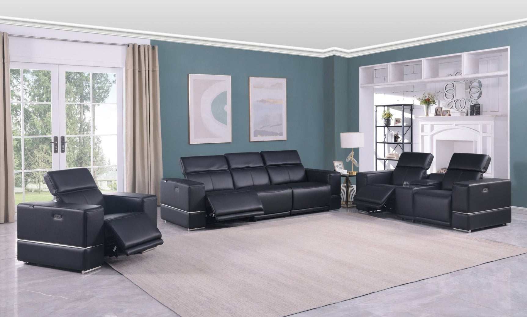 Franco black leather oversized power reclining sofa angled view