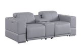 Franco power reclining loveseat in light blue Italian leather match, side profile