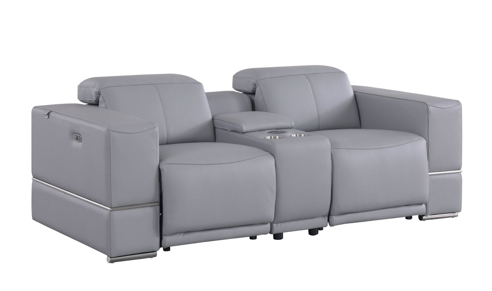 Franco power reclining loveseat in light blue Italian leather match, side profile