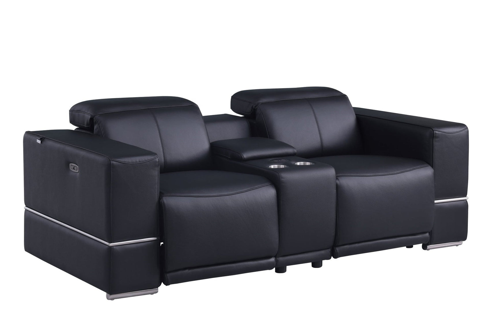 Franco black leather loveseat with power recliner and headrest