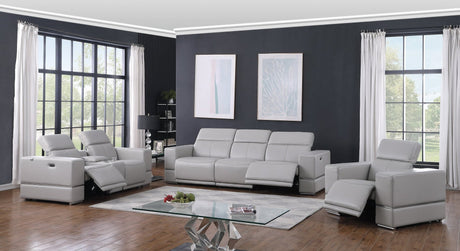 Franco oversized power reclining sofa in light blue genuine Italian leather match, front angle