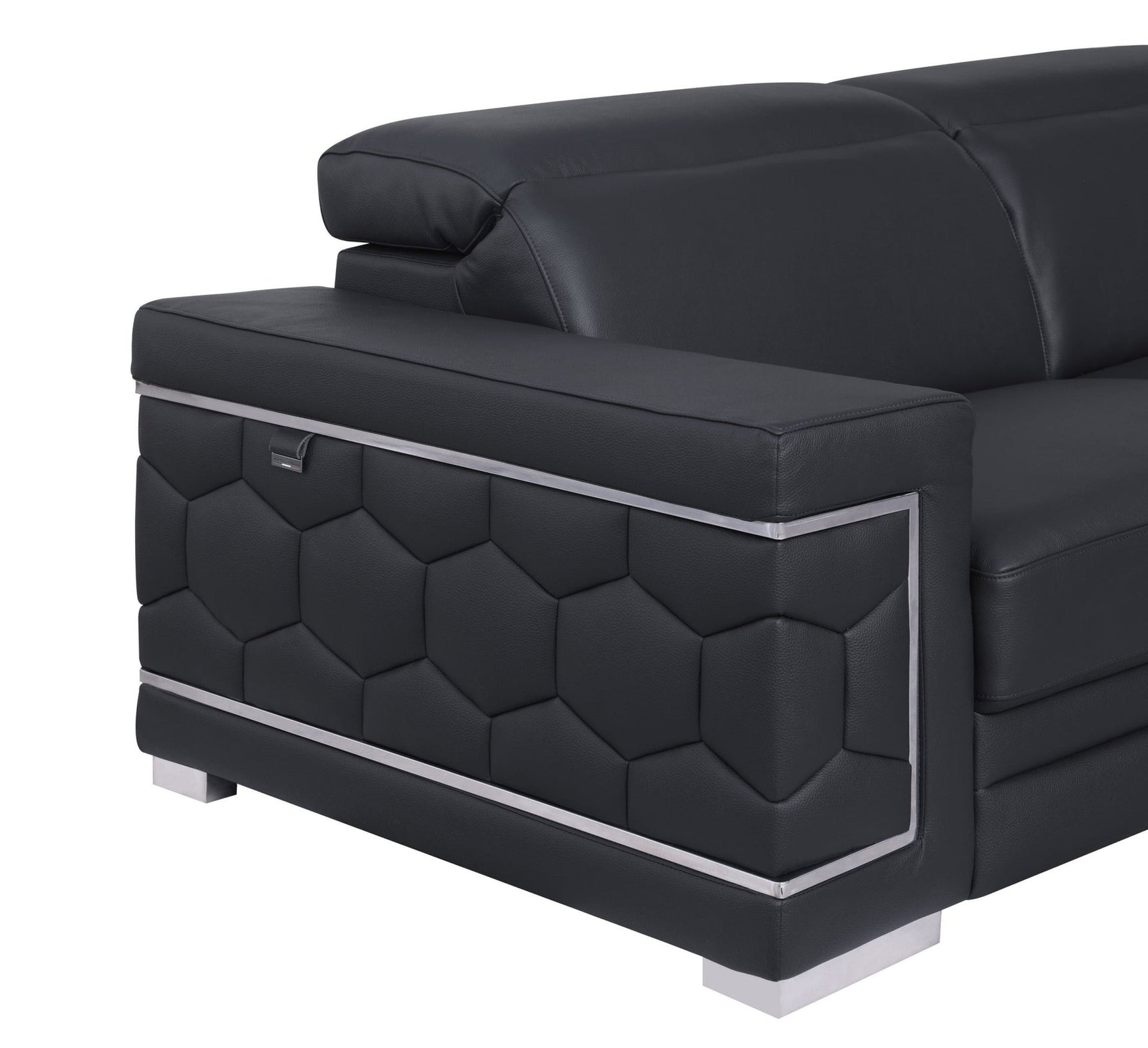 Detail view of black Italian leather upholstery
