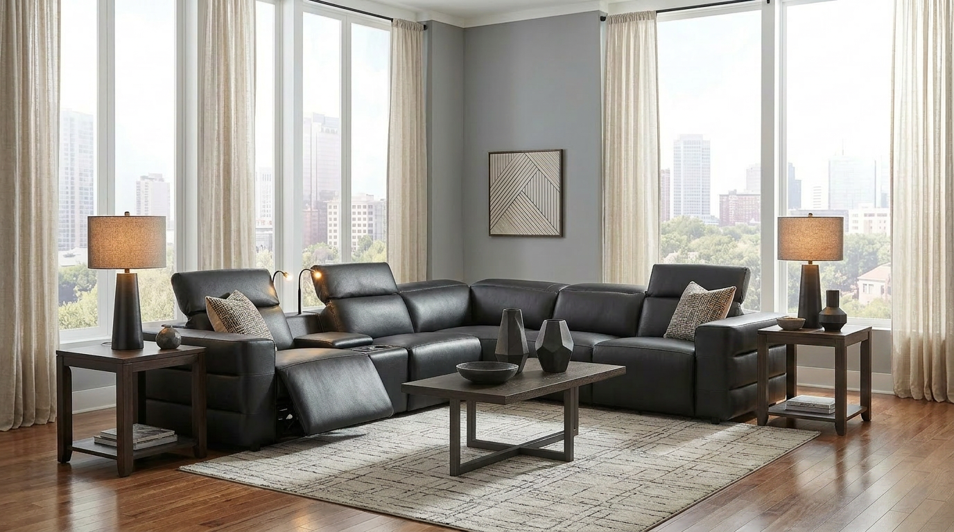 Holly Black Italian Leather 6-Piece Power Reclining Corner Sectional with Console from Decor Furniture