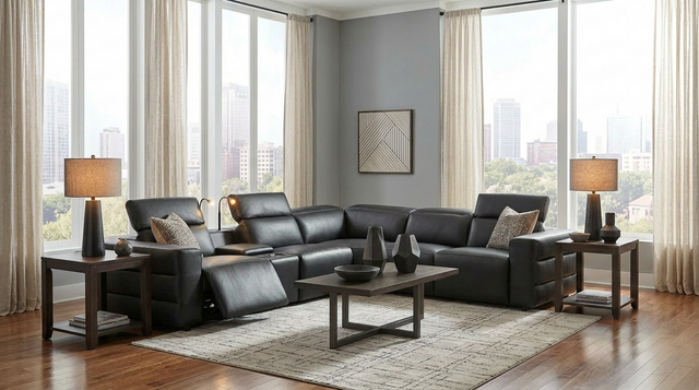 Holly Black Italian Leather 6-Piece Power Reclining Corner Sectional with Console from Decor Furniture