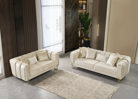 Side view of Ella Ivory Velvet Sofa and Loveseat