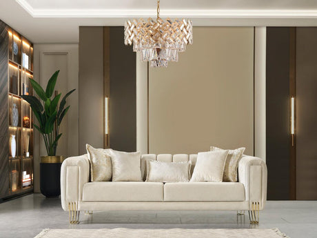 Detail view of ivory velvet upholstery on sofa