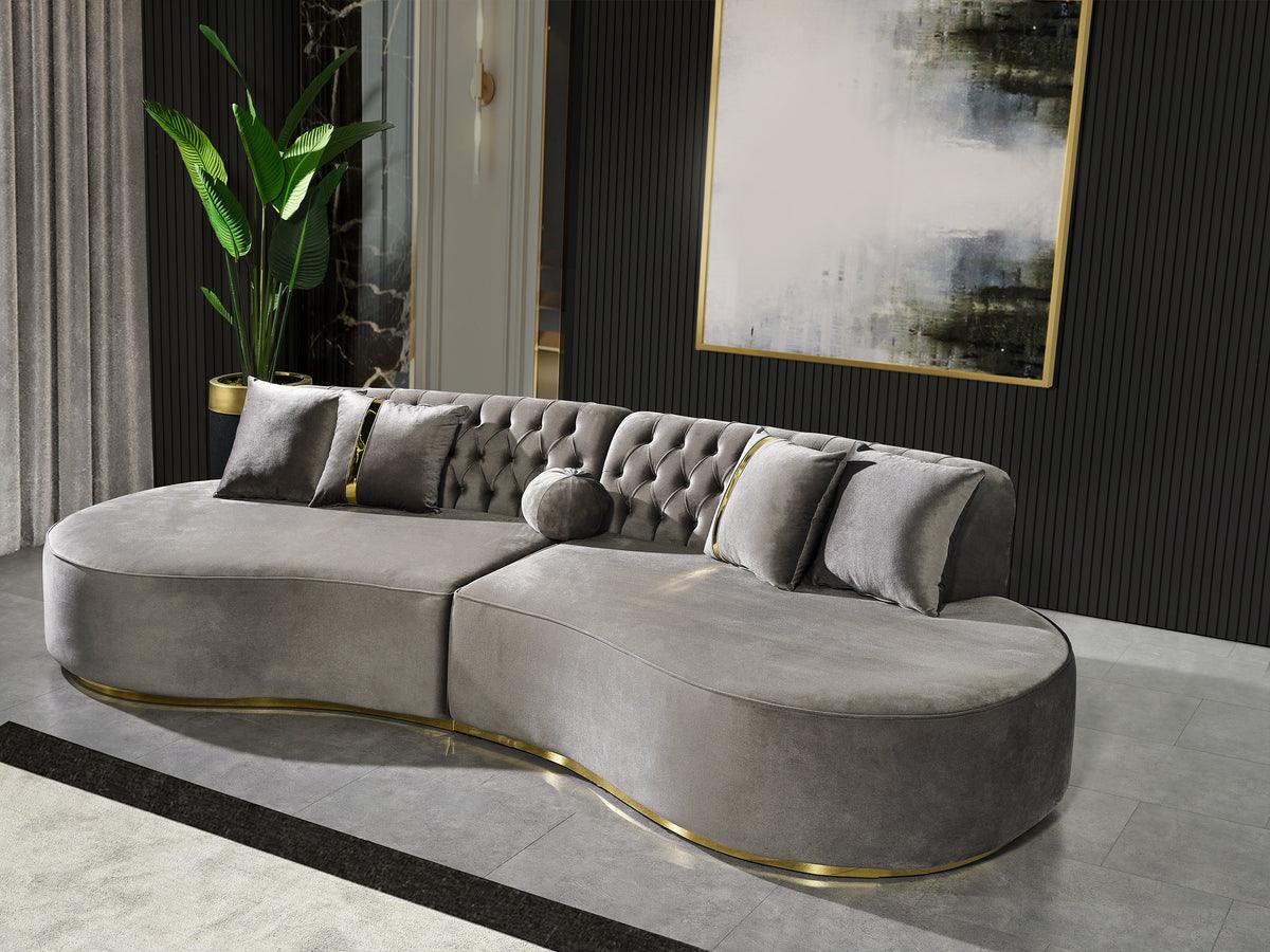 Sophia Gray Velvet Curved Sectional sofa detailed close-up