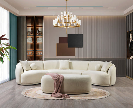 Close-up detail of ivory boucle upholstery on sectional sofa