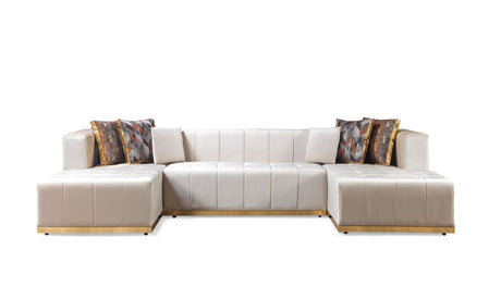 Living room view of Amelia ivory velvet sectional sofa with double chaise