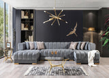 detail view of Mia gray velvet double chaise sectional sofa upholstery and frame