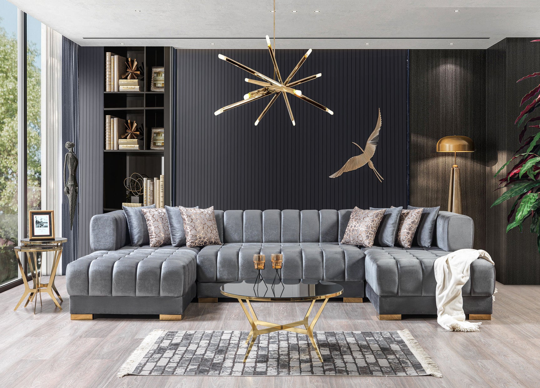 detail view of Mia gray velvet double chaise sectional sofa upholstery and frame