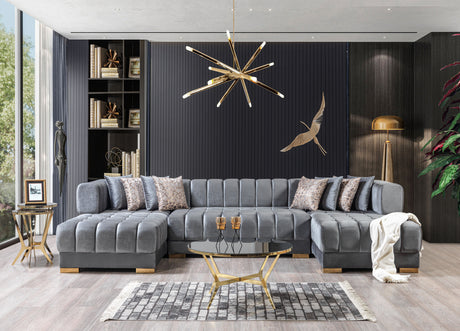 detail view of Mia gray velvet double chaise sectional sofa upholstery and frame
