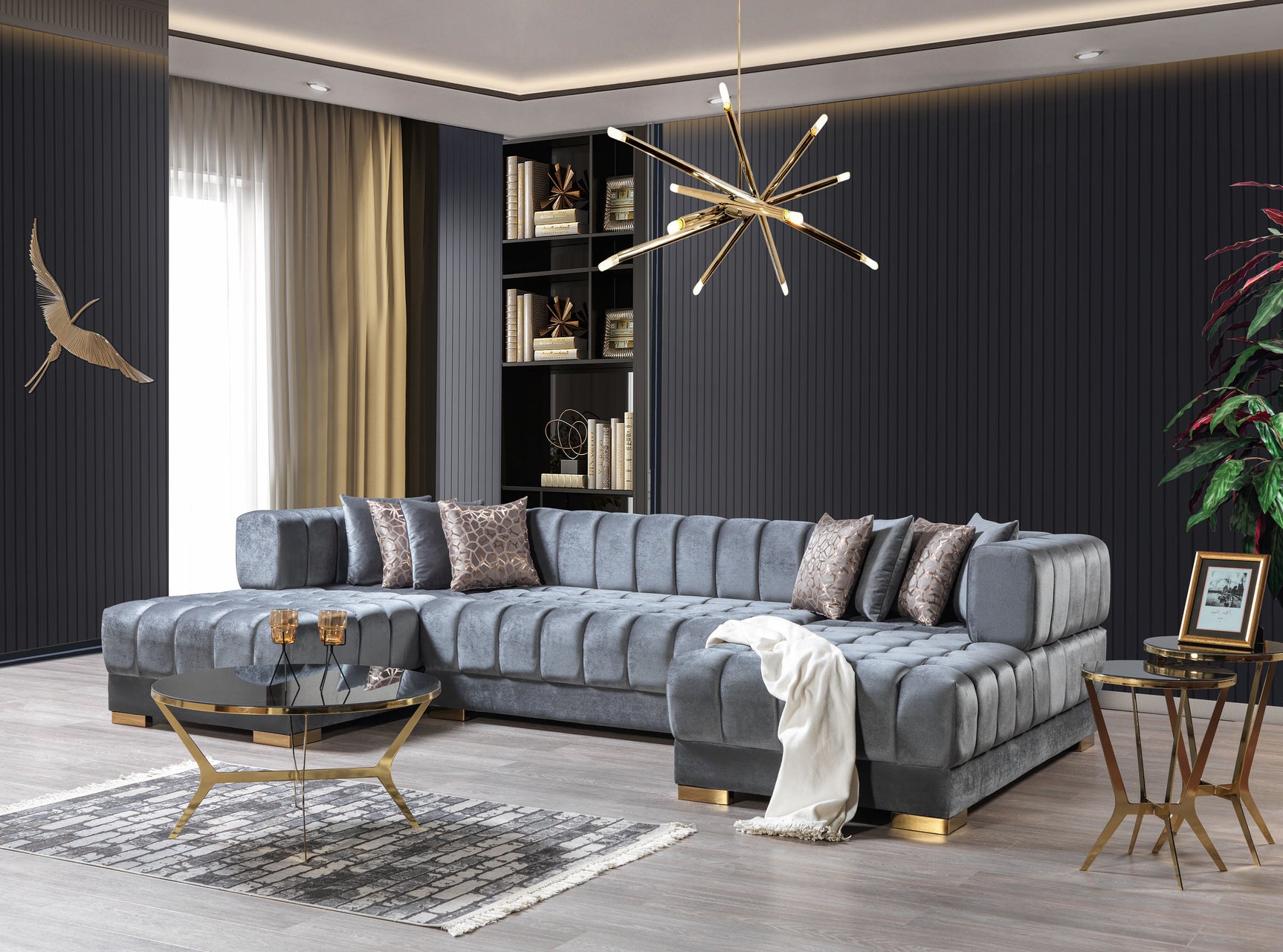 room view of Mia gray velvet double chaise sectional sofa