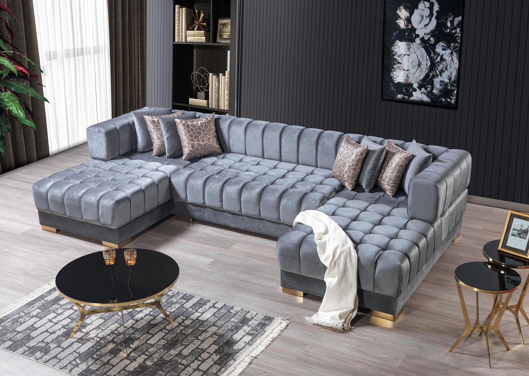 main view of Mia gray velvet double chaise sectional sofa
